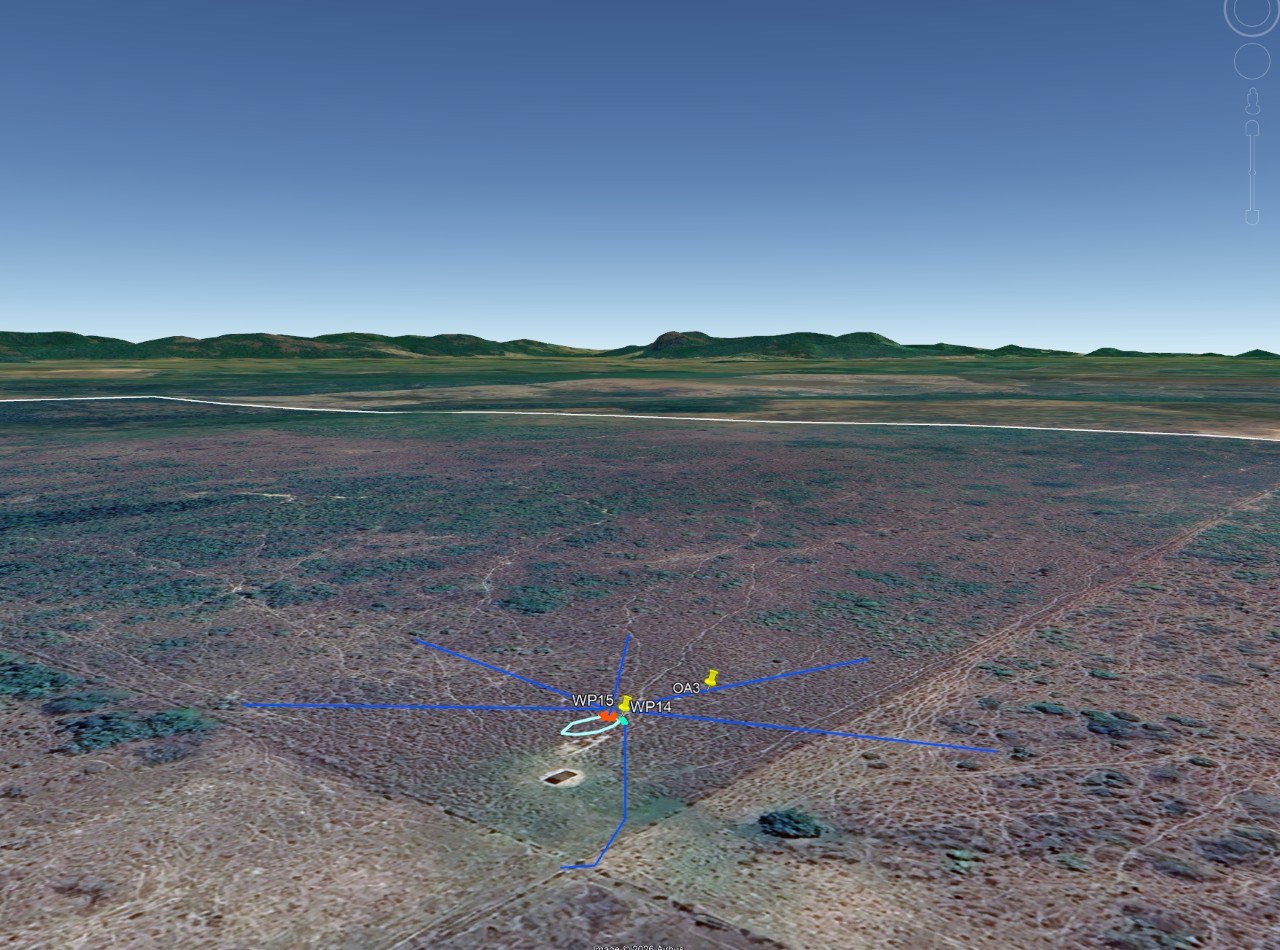 Vista de satélite 3D do Projeto OASES na Fazenda Santa Luzia: estruturas de água e sombra entre os pastos, com marcadores OA3, WP14 e WP15.